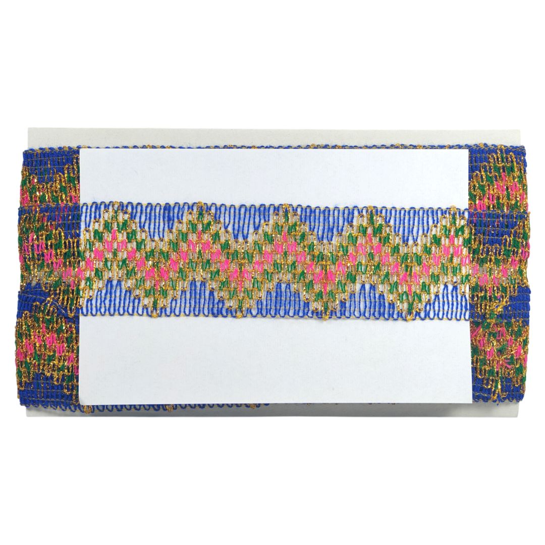 Colorful woven clutch bag with a white center on a white background